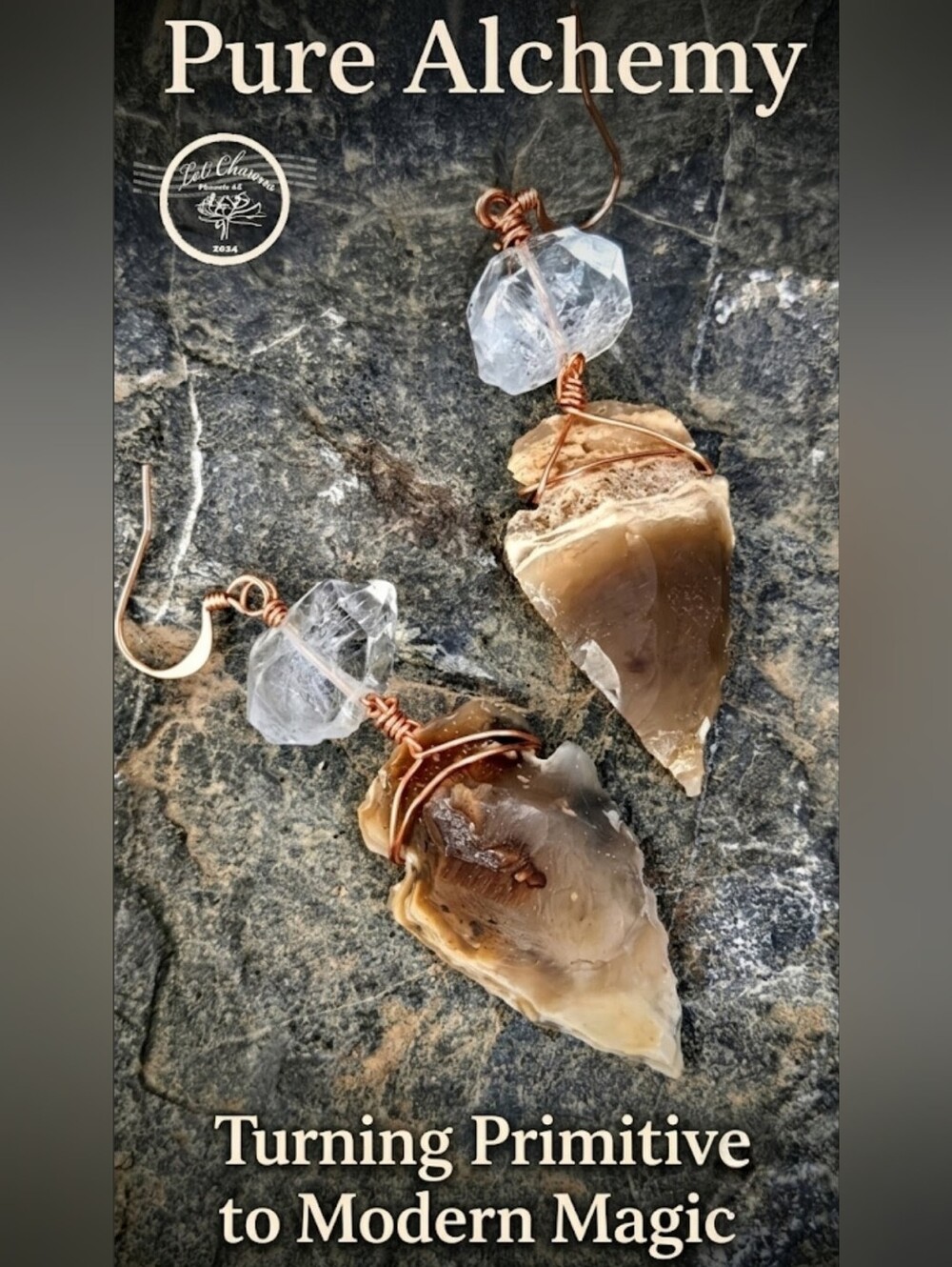 Natural Earth-colored Jasper Arrowhead & Herkimer Diamond In Copper Earrings